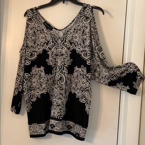 Black and white open shoulder blouse.